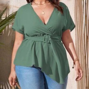 Plus Plunging Neck Asymmetrical Hem Belted Blouse